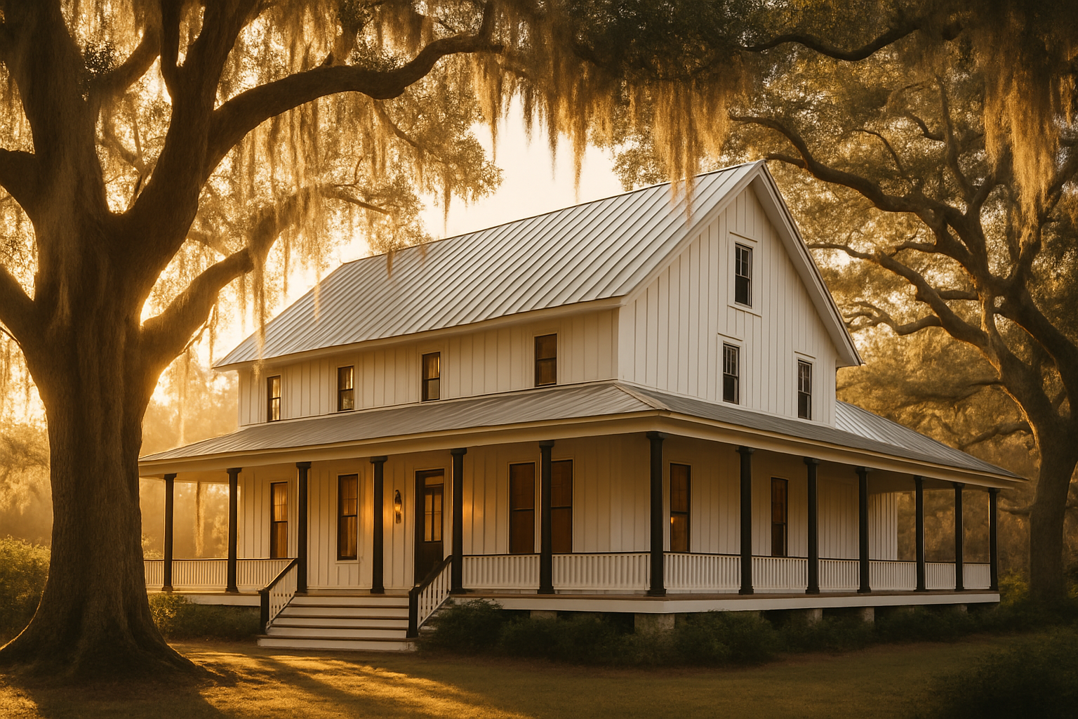 Renovated Low Country home framed by live oaks at golden hour